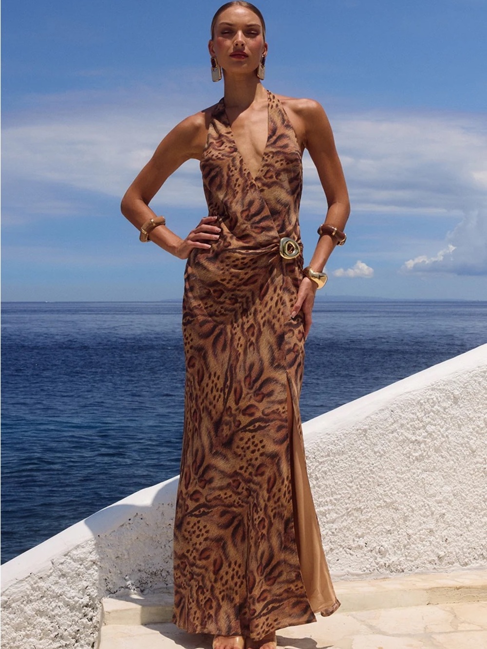 Leopard Print Halter Maxi Dress in Brown